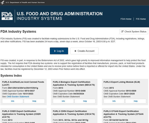 FDA공장등록 절차를 위한 FDA Industry System